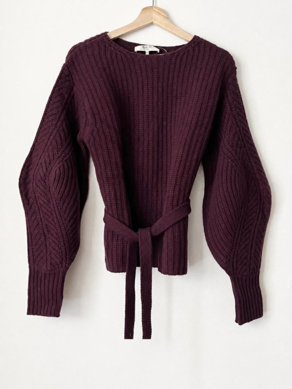 Sea New York Women's Burgundy Chunky Knit Sweater Balloon Sleeve Waist Tie XS